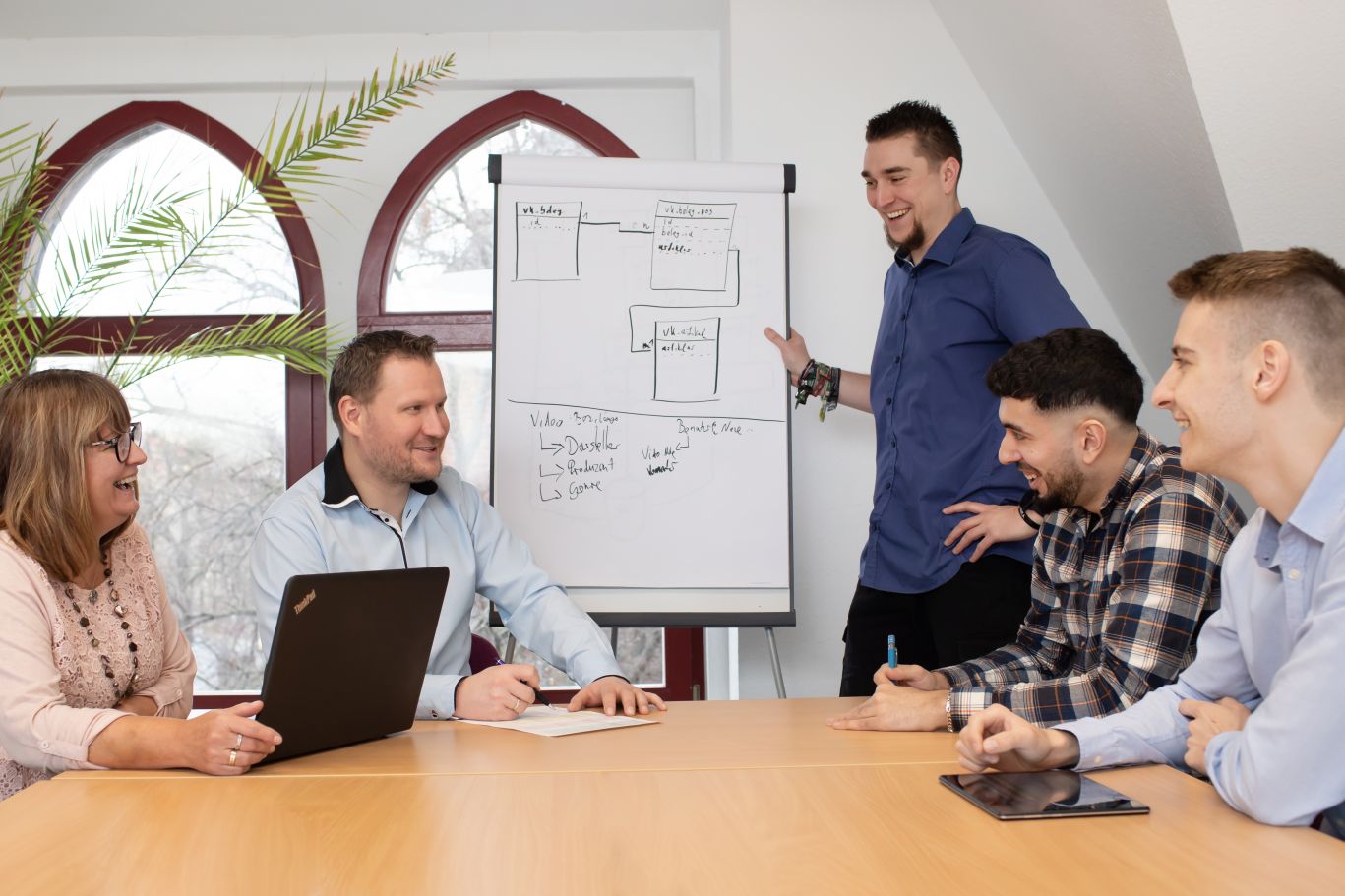 Das xtero-Team bei einer gut gelaunten Besprechung in einem hellen Raum. Ein Mann im dunkelblauen Hemd erklärt am Flipchart ein Datenbankschema, vier Kolleginnen und Kollegen am Tisch hören lachend zu.